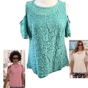 Isaac Mizrahi Live Floral Lace Cold Shoulder Top Shirt Sea Foam Green La…